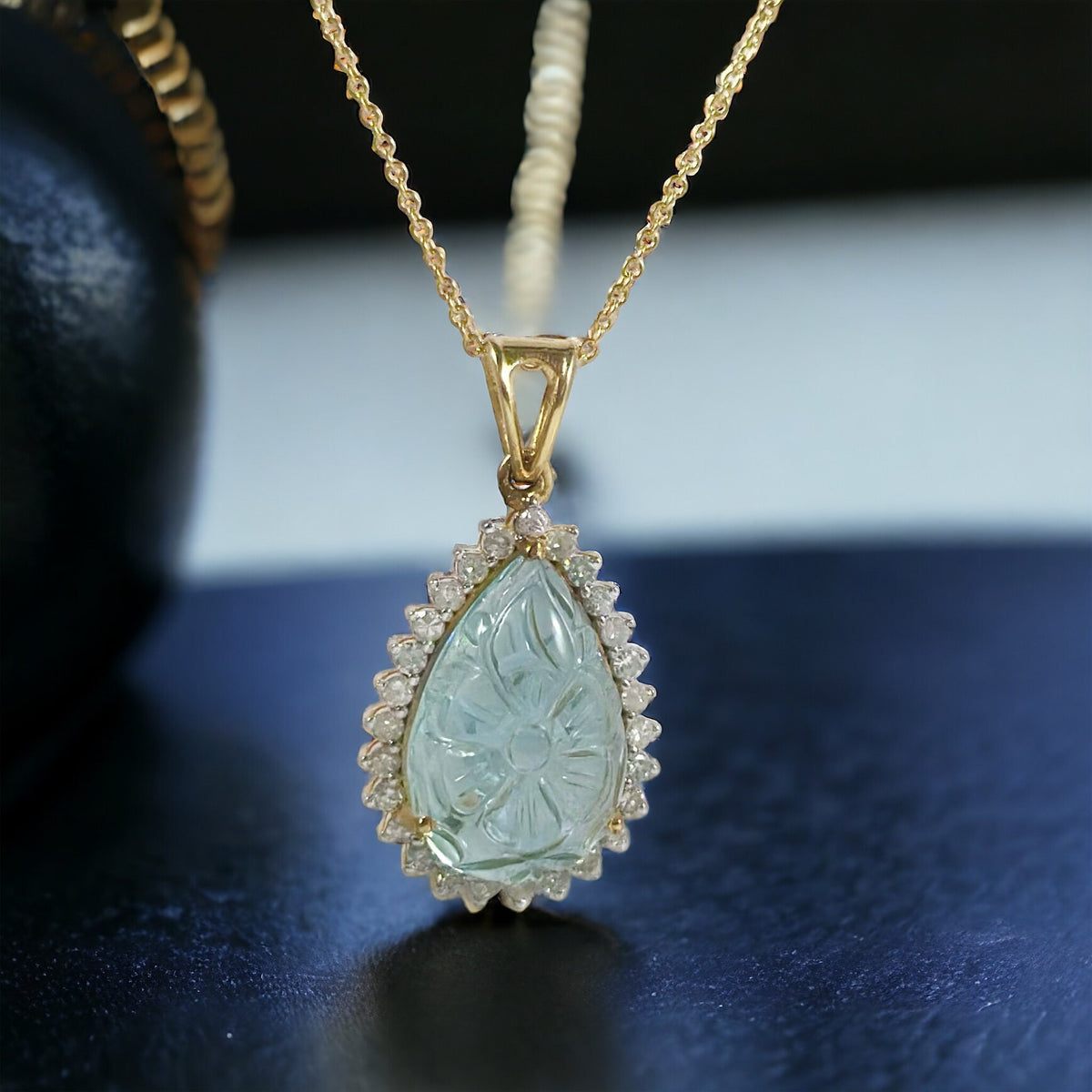Solid 14K Aquamarine Diamond Pendant with 16-18 Inches Chain - Solid Gold Carved Aquamarine Diamond Pendant -  14K Gold Aquamarine Necklace