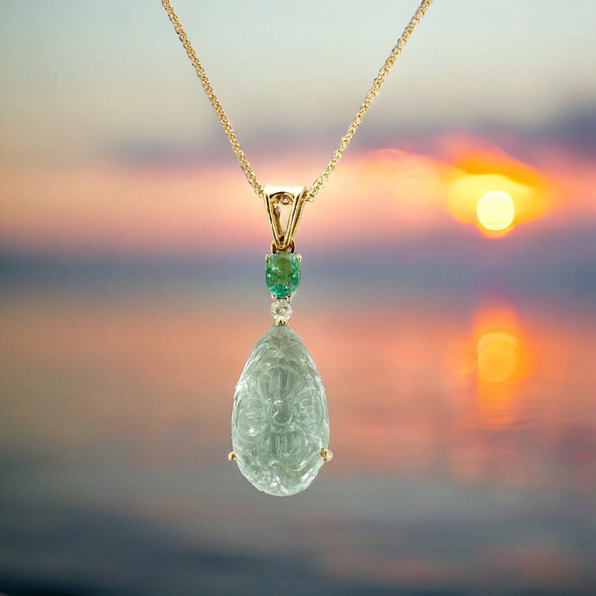 Solid 14K Aquamarine, Emerald and Diamond Pendant with Gold Chain - 14K Gold Carved Aquamarine Diamond Pendant -  Emerald Diamond Pendant