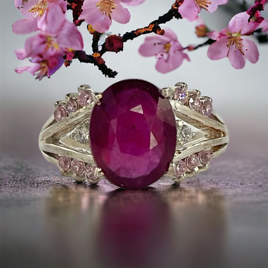 SOLD - WAITLIST AVAILABLE Natural Ruby, Pink Tourmaline and Moissanite Ring - Ruby Moissanite Ring - Gift for Her - 925 Sterling Silver Ring
