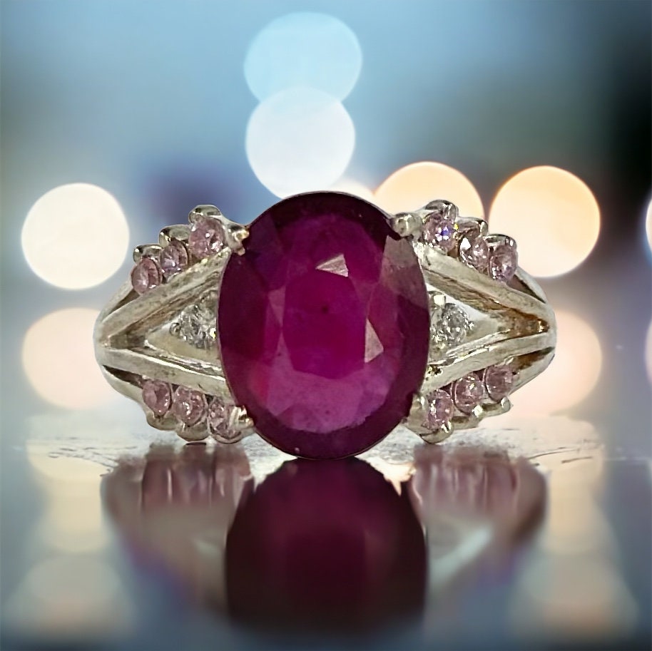 SOLD - WAITLIST AVAILABLE Natural Ruby, Pink Tourmaline and Moissanite Ring - Ruby Moissanite Ring - Gift for Her - 925 Sterling Silver Ring