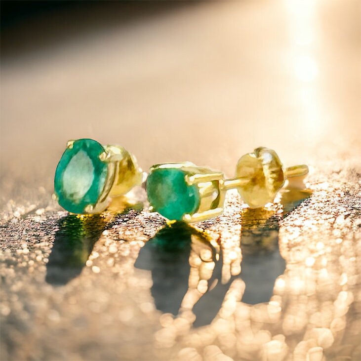 Solid 14K Gold Emerald Studs - 14K Gold Studs- Gold Emerald Earrings - Zambian Emerald Earrings - Emerald Gold Studs - Emerald Earrings