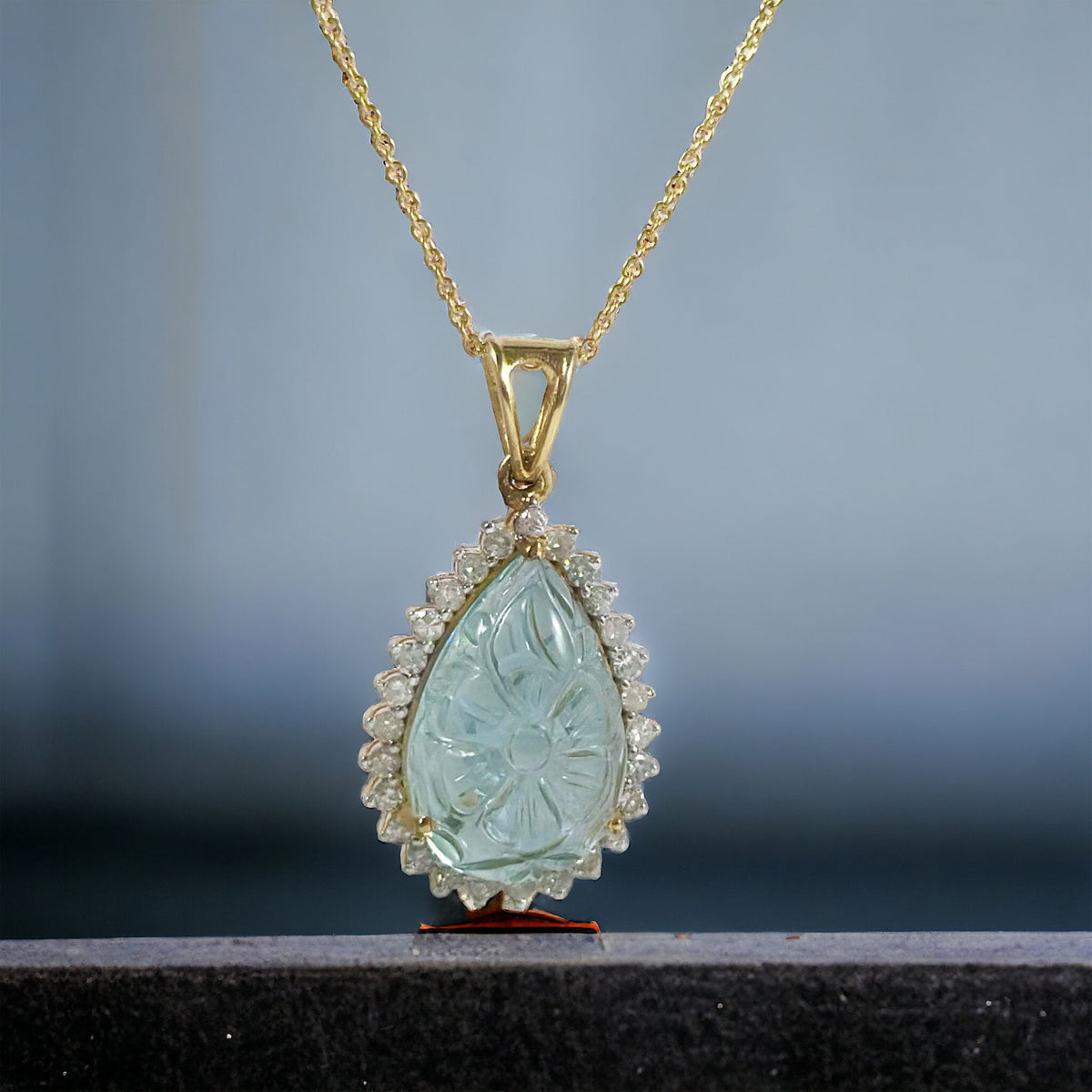 Solid 14K Aquamarine Diamond Pendant with 16-18 Inches Chain - Solid Gold Carved Aquamarine Diamond Pendant -  14K Gold Aquamarine Necklace