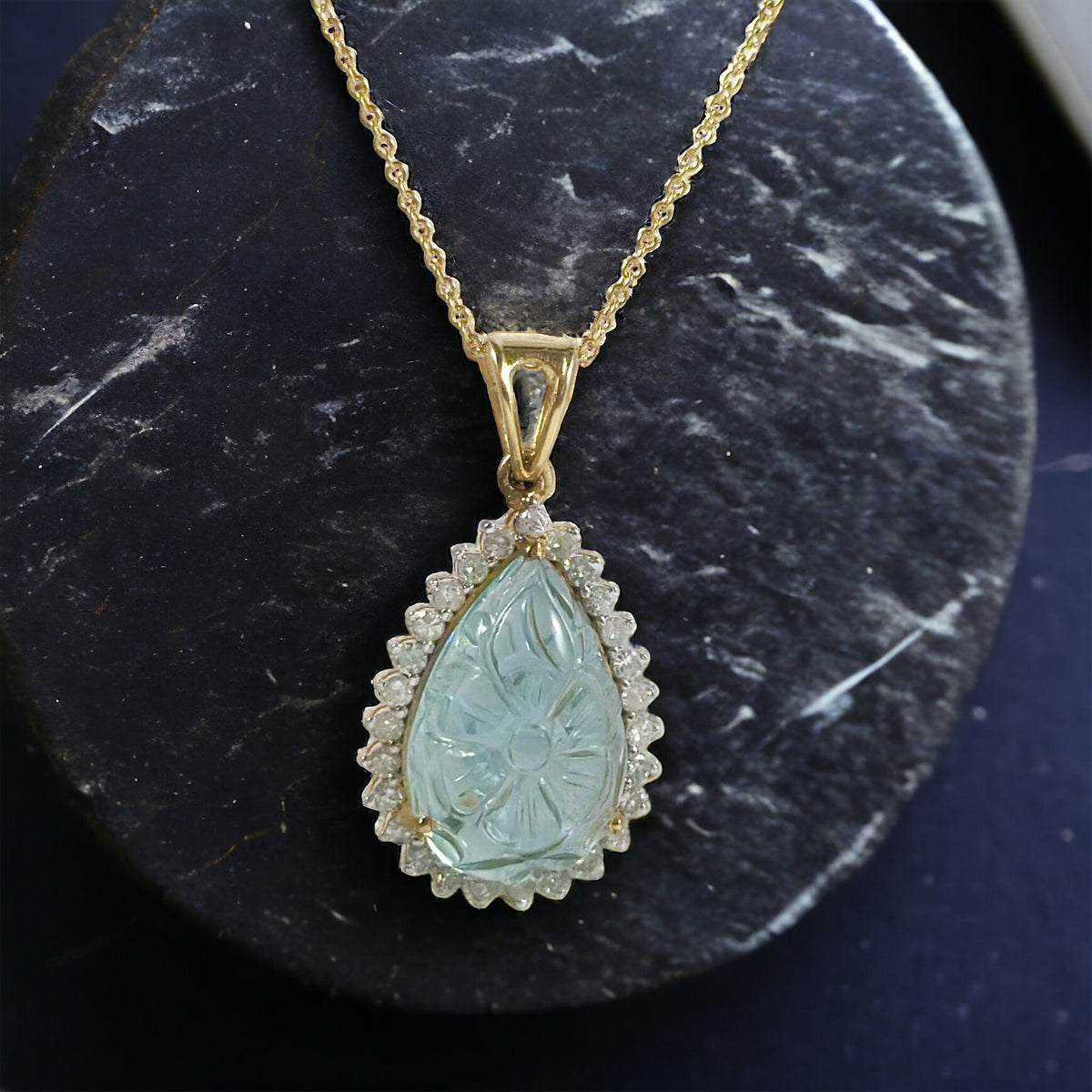 Solid 14K Aquamarine Diamond Pendant with 16-18 Inches Chain - Solid Gold Carved Aquamarine Diamond Pendant -  14K Gold Aquamarine Necklace
