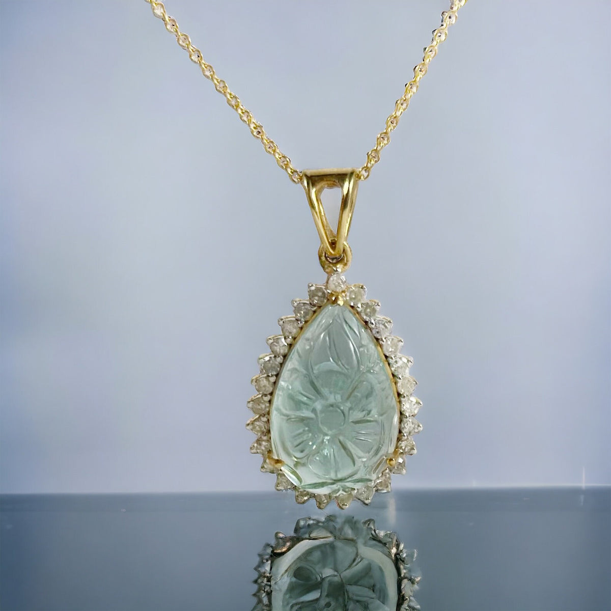 Solid 14K Aquamarine Diamond Pendant with 16-18 Inches Chain - Solid Gold Carved Aquamarine Diamond Pendant -  14K Gold Aquamarine Necklace