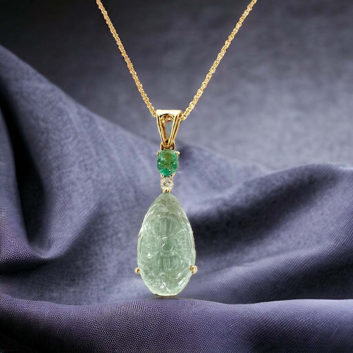 Solid 14K Aquamarine, Emerald and Diamond Pendant with Gold Chain - 14K Gold Carved Aquamarine Diamond Pendant -  Emerald Diamond Pendant