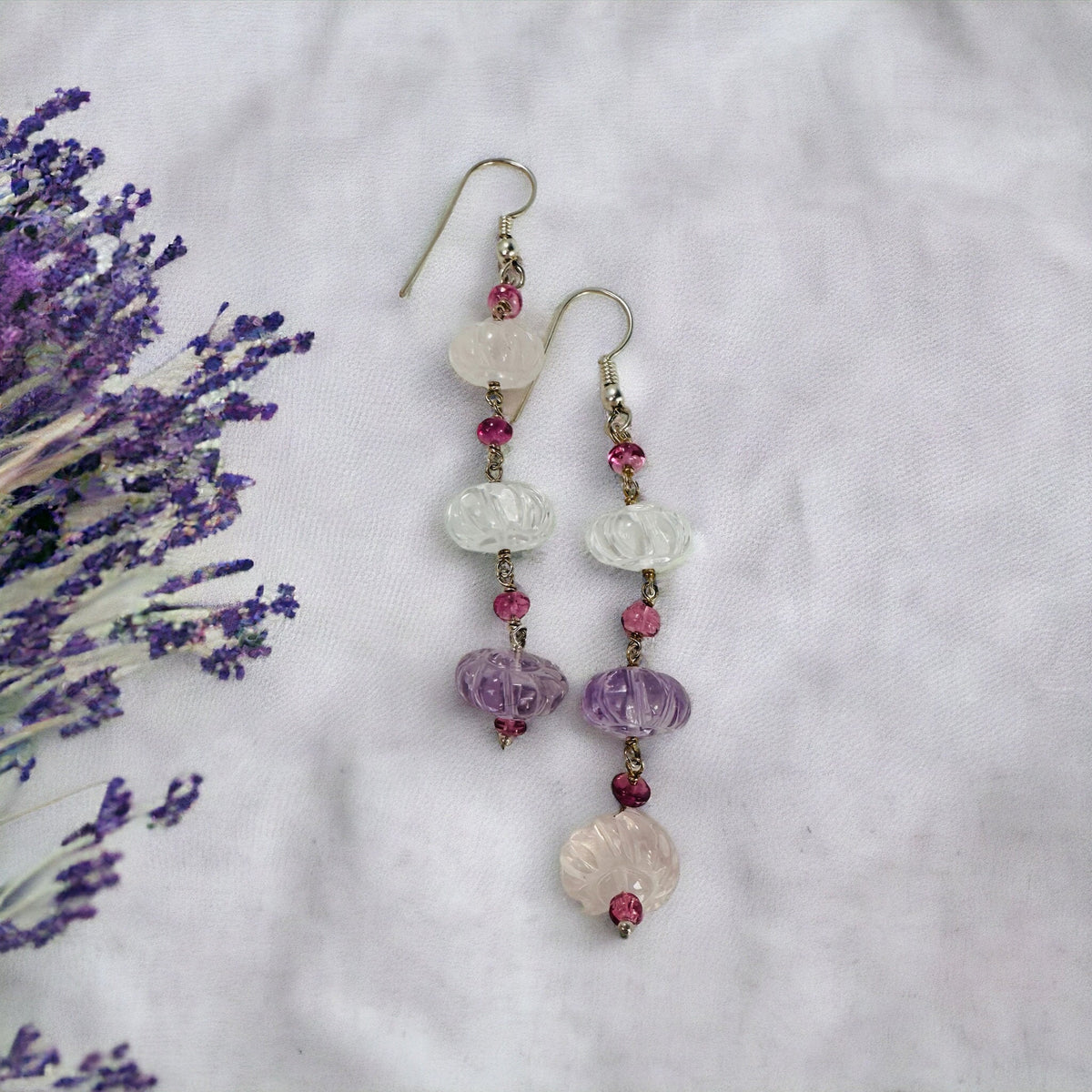 Gorgeous Multi-Gemstone Long Dangle  Earrings - Multi Gemstone Earrings - Carved multi-gemstone Earrings  - Solid Sterling Silver Earrings