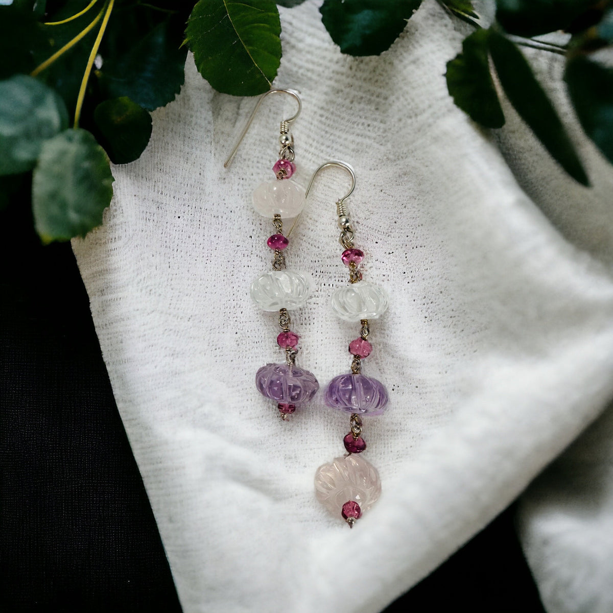 Gorgeous Multi-Gemstone Long Dangle  Earrings - Multi Gemstone Earrings - Carved multi-gemstone Earrings  - Solid Sterling Silver Earrings