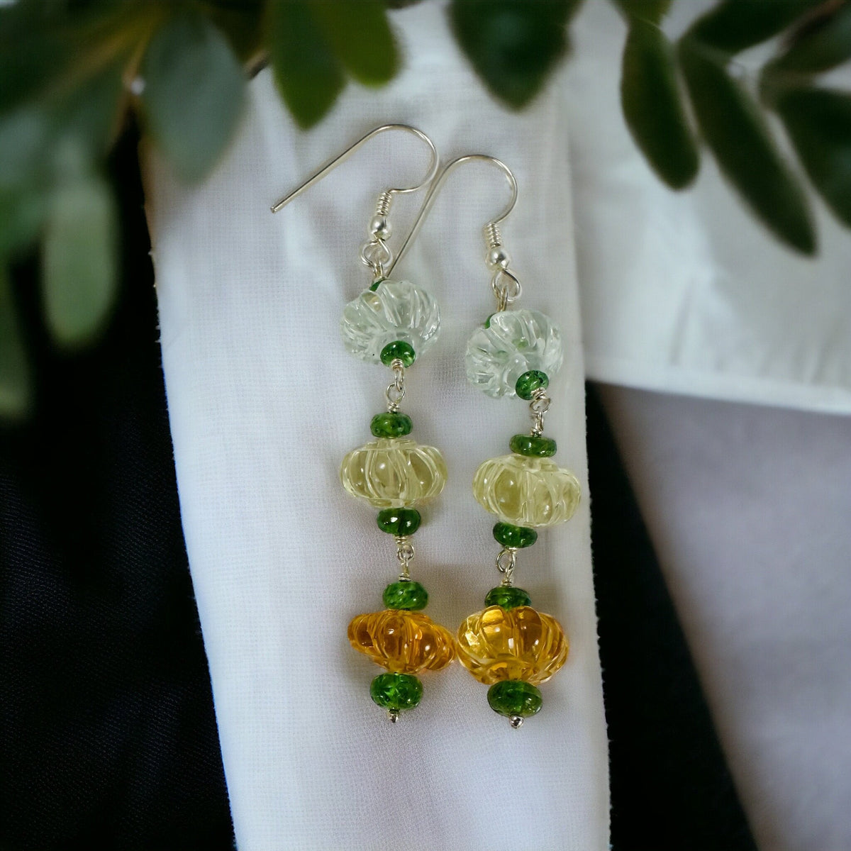 Elegant Green Amethyst, Lemon Quartz and Citrine Earrings - Party Gemstone Earrings - November Birthstone - Solid 925 Silver Earrings