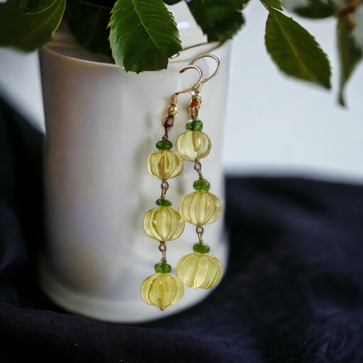 Natural Lemon Quartz and Tsavorite Dangle Earrings - Carved Melon Gemstone Dangle Earrings - Gift for Her - Solid Sterling Silver Earrings