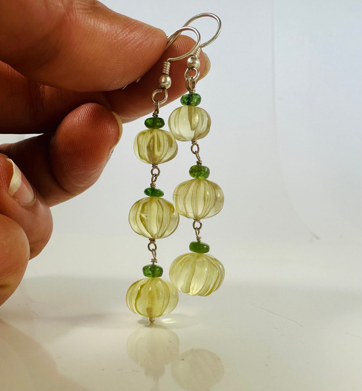 Natural Lemon Quartz and Tsavorite Dangle Earrings - Carved Melon Gemstone Dangle Earrings - Gift for Her - Solid Sterling Silver Earrings