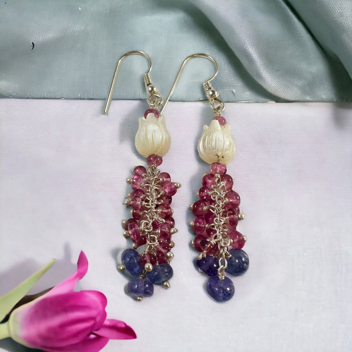 Top Quality Mother of Pearl, Pink Tourmaline and Tanzanite Earrings - Extremely Stunning Danglers - Gift for Her - Solid 925 Silver Earrings