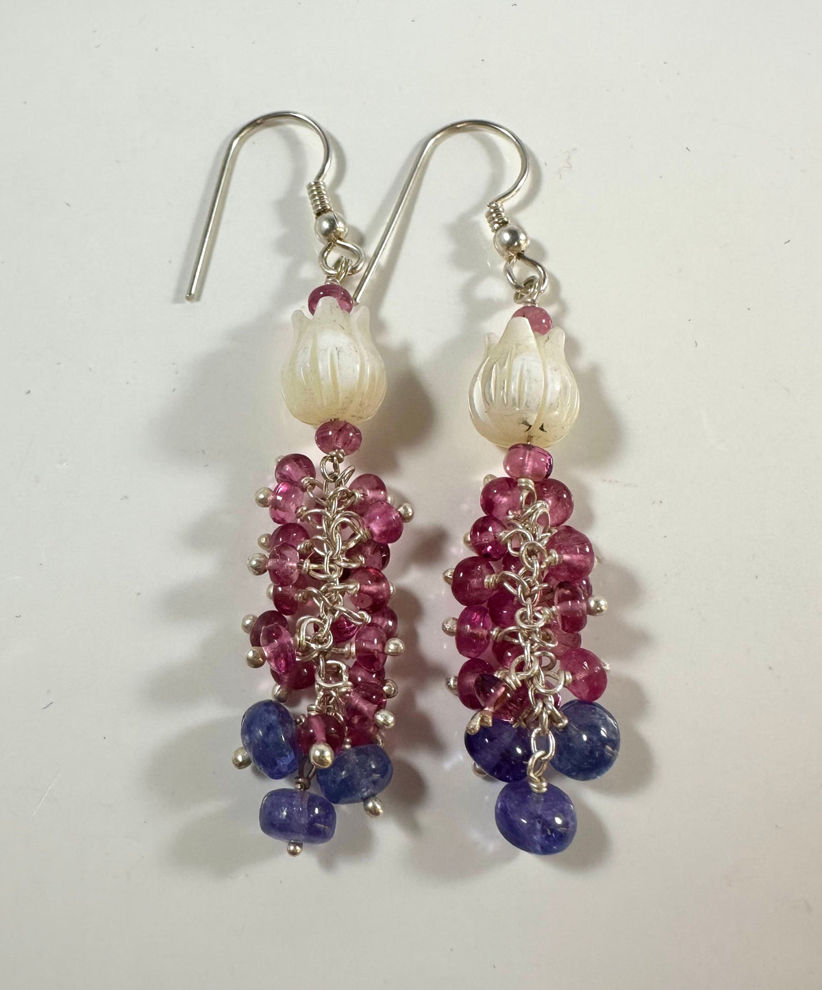 Top Quality Mother of Pearl, Pink Tourmaline and Tanzanite Earrings - Extremely Stunning Danglers - Gift for Her - Solid 925 Silver Earrings