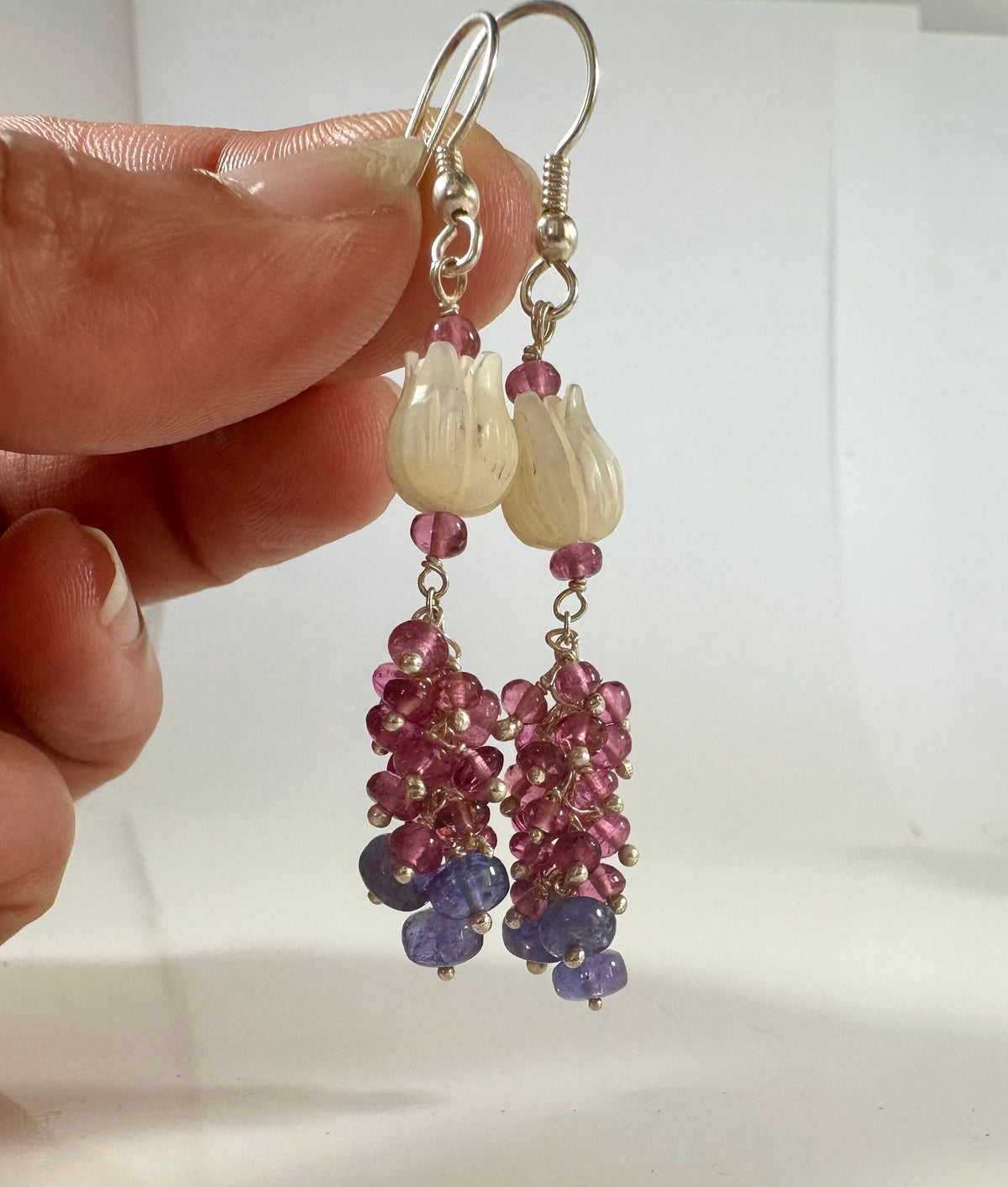 Top Quality Mother of Pearl, Pink Tourmaline and Tanzanite Earrings - Extremely Stunning Danglers - Gift for Her - Solid 925 Silver Earrings