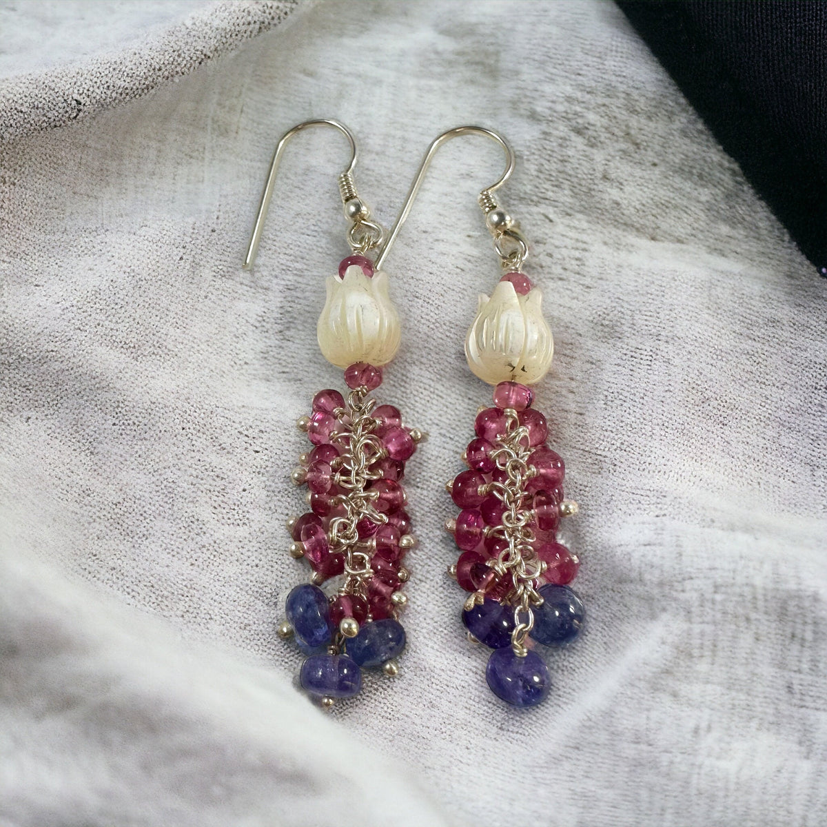 Top Quality Mother of Pearl, Pink Tourmaline and Tanzanite Earrings - Extremely Stunning Danglers - Gift for Her - Solid 925 Silver Earrings
