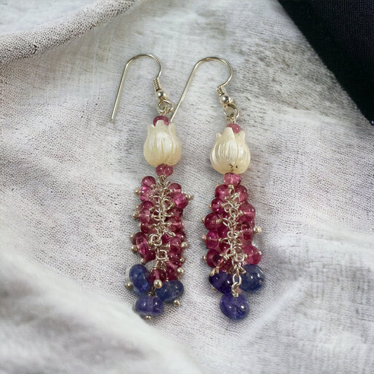 Top Quality Mother of Pearl, Pink Tourmaline and Tanzanite Earrings - Extremely Stunning Danglers - Gift for Her - Solid 925 Silver Earrings