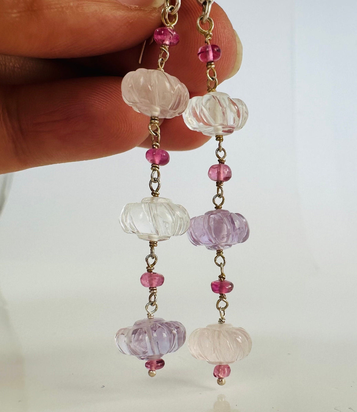 Gorgeous Multi-Gemstone Long Dangle  Earrings - Multi Gemstone Earrings - Carved multi-gemstone Earrings  - Solid Sterling Silver Earrings