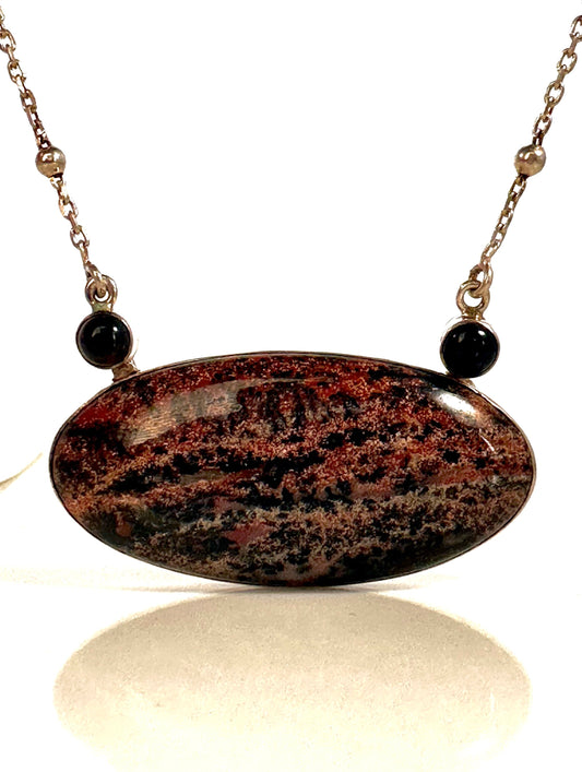 Honey Dendrite and Black Onyx Pendant with Attached Chain - Honey Dendrite Necklace - Black Onyx Necklace - Sterling Silver Necklace