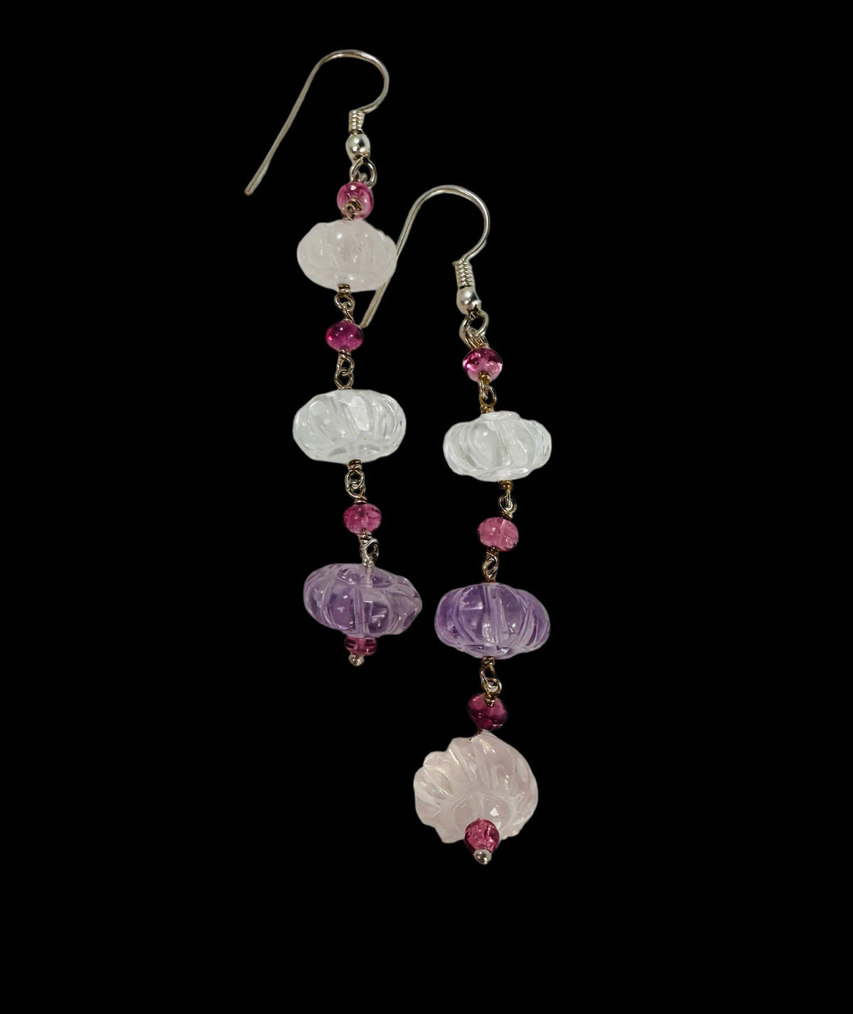 Gorgeous Multi-Gemstone Long Dangle  Earrings - Multi Gemstone Earrings - Carved multi-gemstone Earrings  - Solid Sterling Silver Earrings