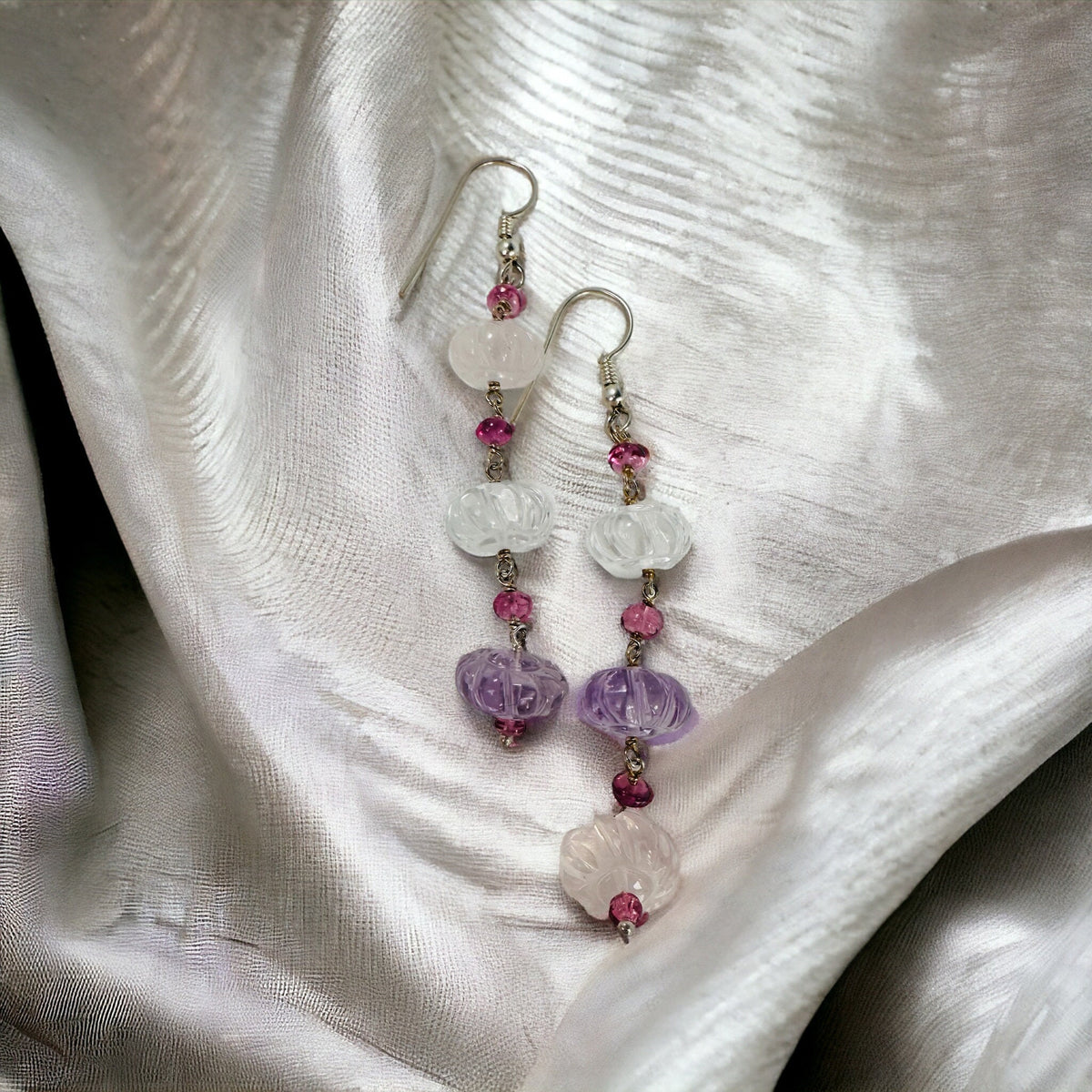 Gorgeous Multi-Gemstone Long Dangle  Earrings - Multi Gemstone Earrings - Carved multi-gemstone Earrings  - Solid Sterling Silver Earrings