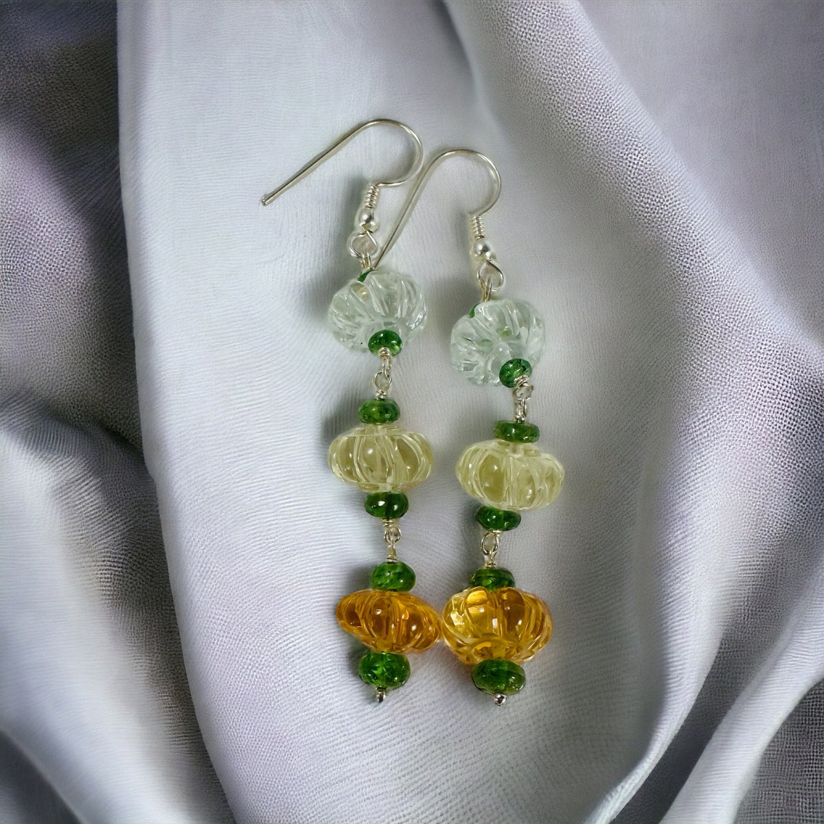 Elegant Green Amethyst, Lemon Quartz and Citrine Earrings - Party Gemstone Earrings - November Birthstone - Solid 925 Silver Earrings