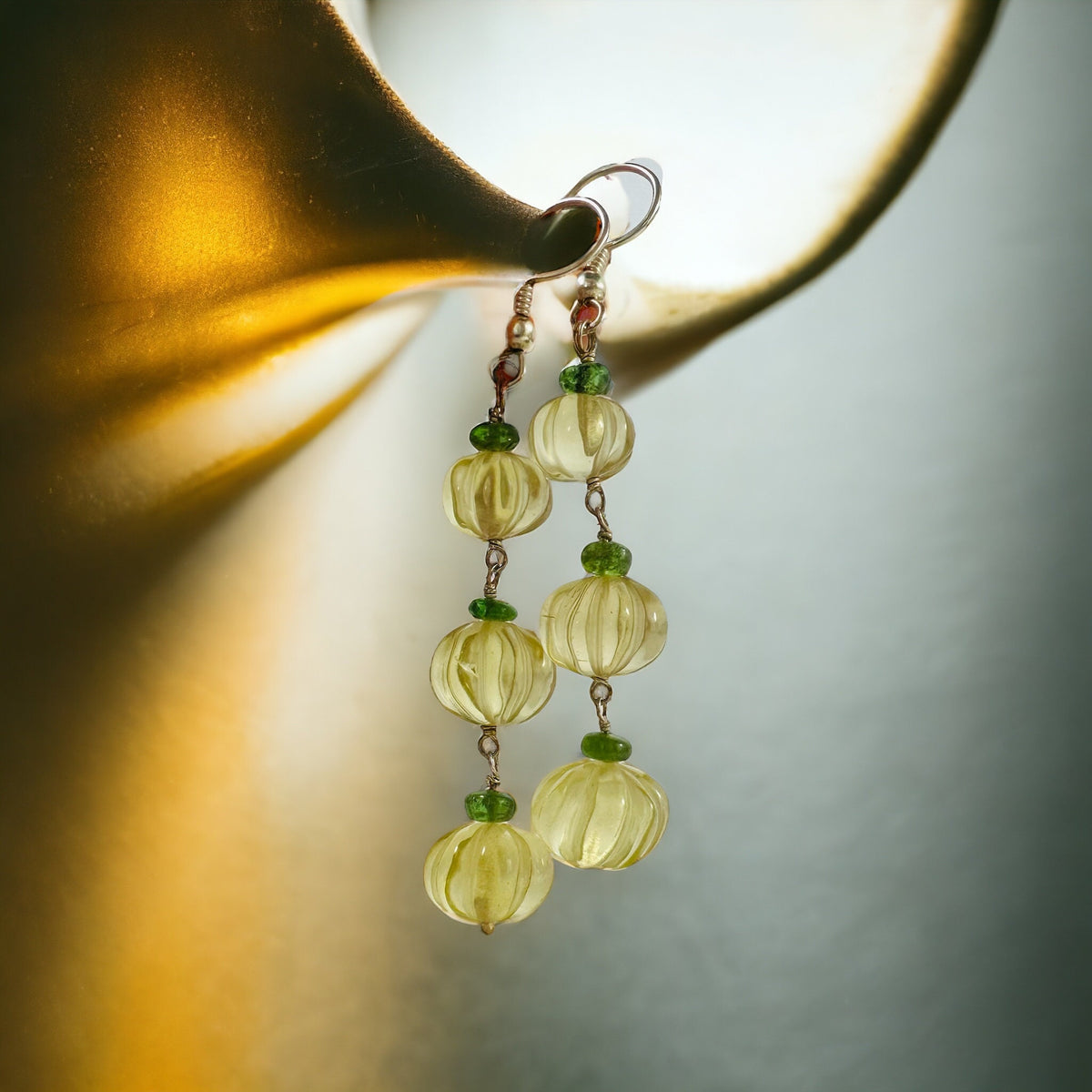 Natural Lemon Quartz and Tsavorite Dangle Earrings - Carved Melon Gemstone Dangle Earrings - Gift for Her - Solid Sterling Silver Earrings