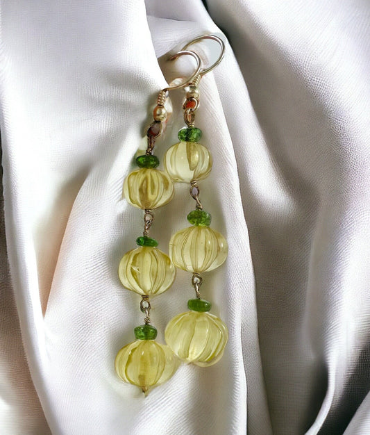 Natural Lemon Quartz and Tsavorite Dangle Earrings - Carved Melon Gemstone Dangle Earrings - Gift for Her - Solid Sterling Silver Earrings