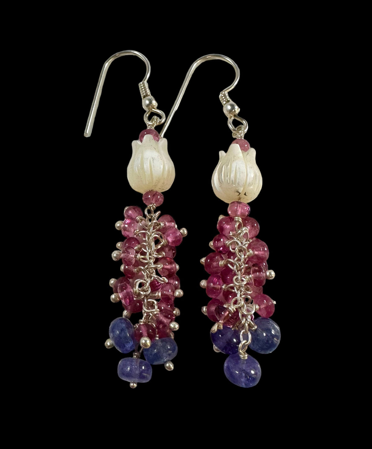 Top Quality Mother of Pearl, Pink Tourmaline and Tanzanite Earrings - Extremely Stunning Danglers - Gift for Her - Solid 925 Silver Earrings