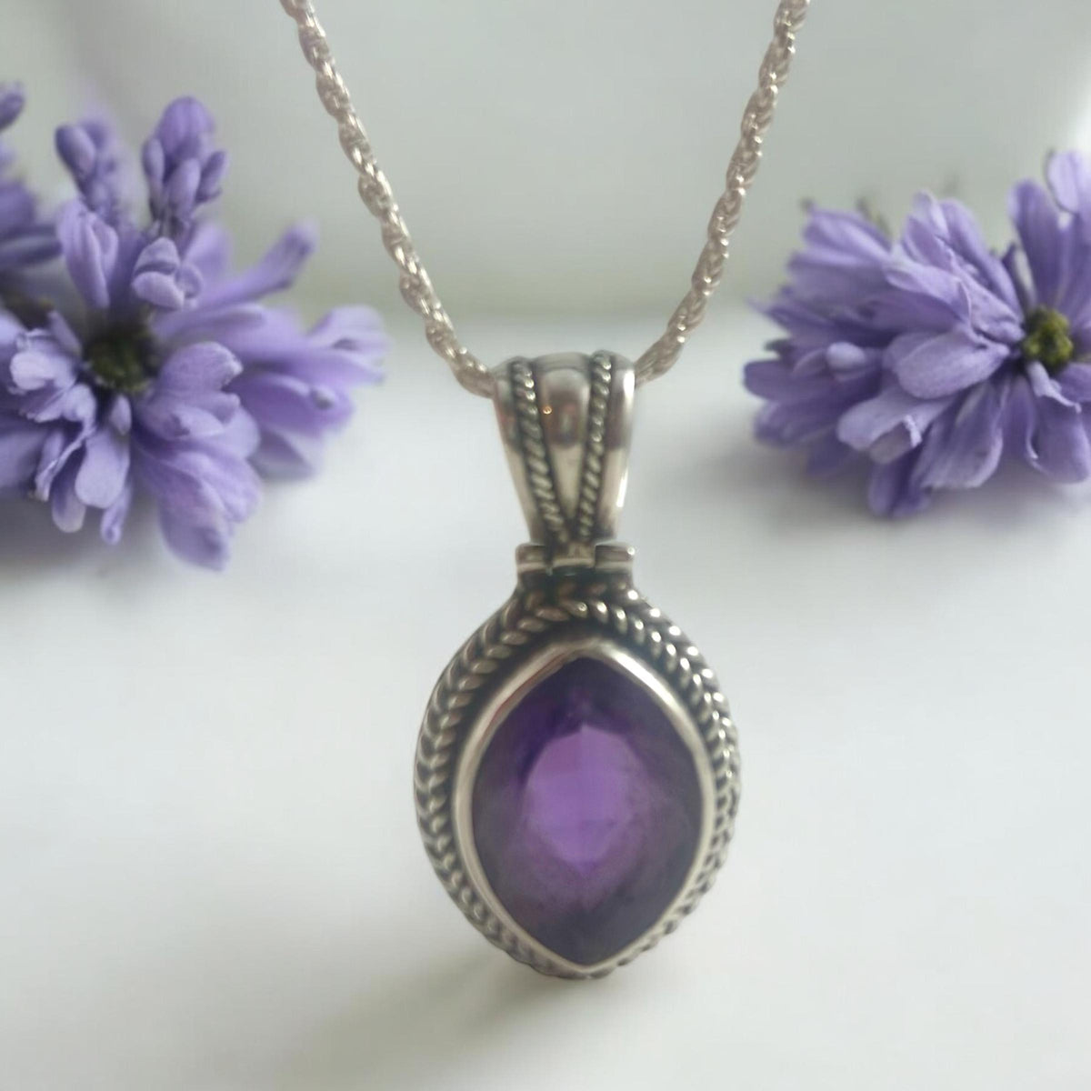 Big Marquise Shaped Natural Amethyst Pendant - 17 Ct Brazilian Amethyst - Gift 4 Her - February Birthstone -Sterling Silver Pendant