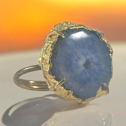 Blue Agate Adjustable Ring - Blue Cocktail Ring - Druzy Ring - Rough Gemstone Ring- Unique Blue Ring- Gift for Her - June Birthstone