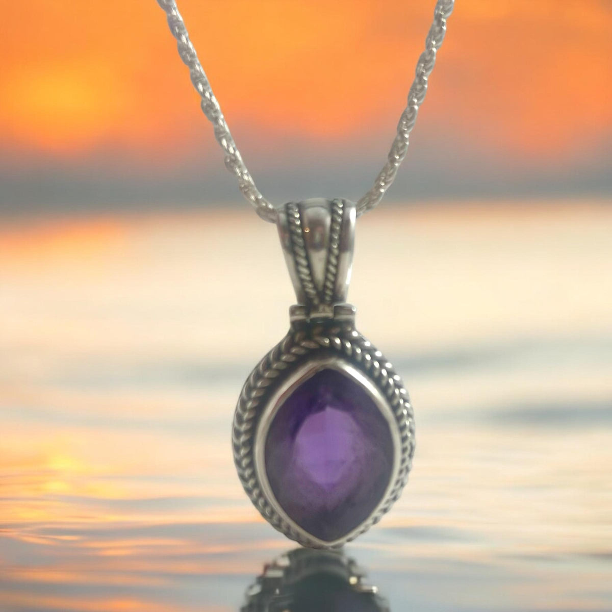 Big Marquise Shaped Natural Amethyst Pendant - 17 Ct Brazilian Amethyst - Gift 4 Her - February Birthstone -Sterling Silver Pendant