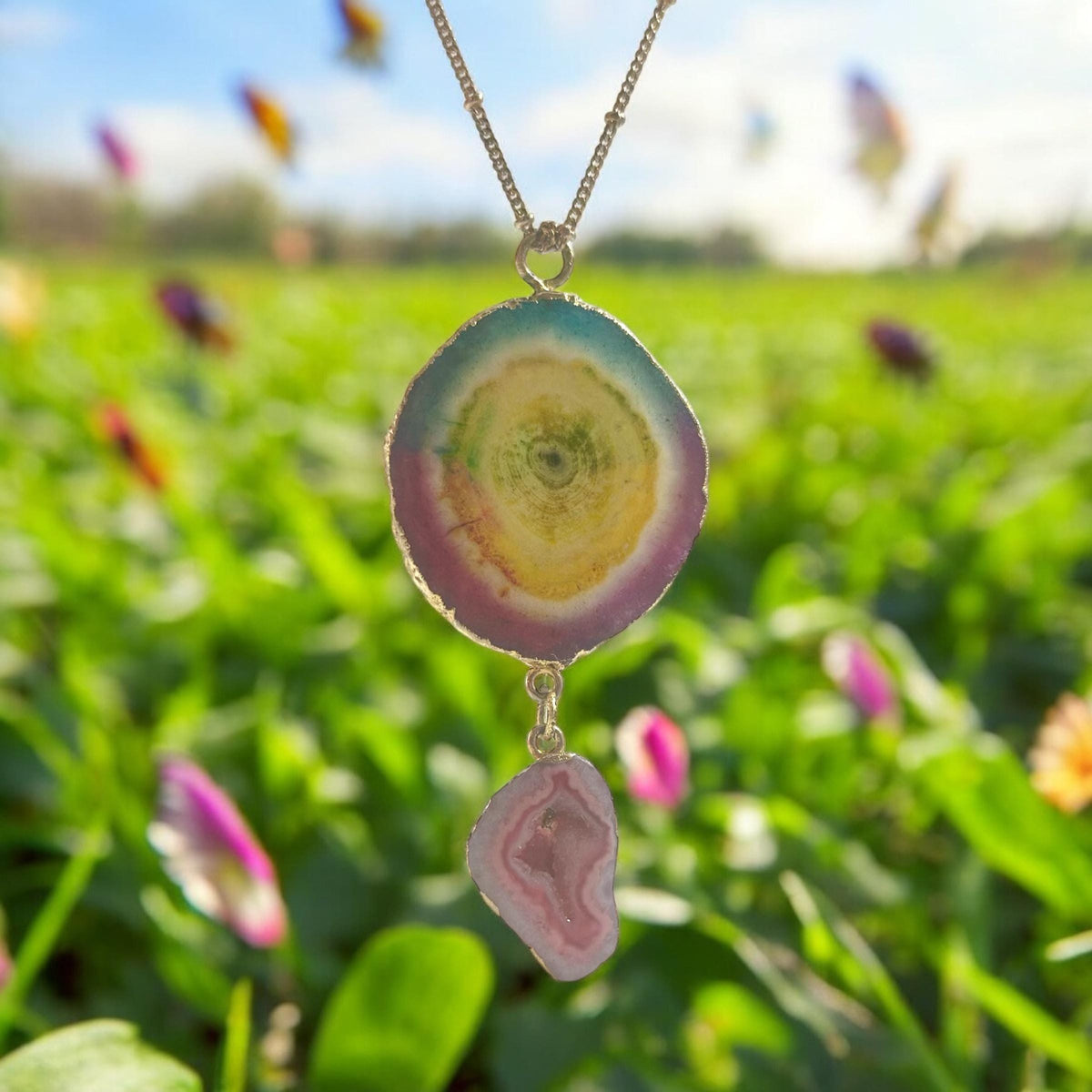 Rainbow Agate Pendant - Agate Druzy Pendant - Rainbow Pendant - Gemstone Pendant - Colorful Pendant -  September Birthstone - Silver Pendant