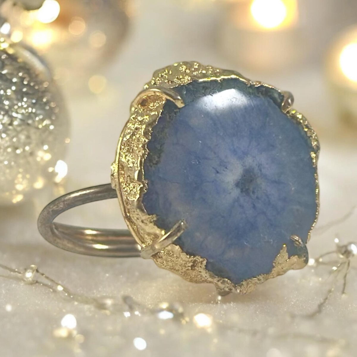 Blue Agate Adjustable Ring - Blue Cocktail Ring - Druzy Ring - Rough Gemstone Ring- Unique Blue Ring- Gift for Her - June Birthstone