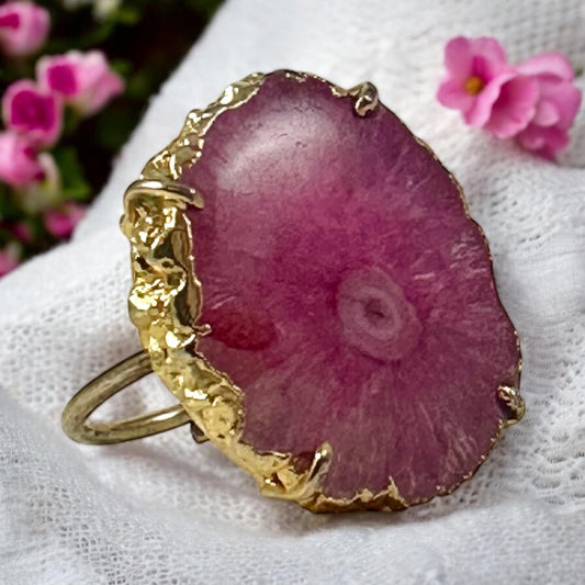 Pink Agate Adjustable Ring - Pink Cocktail Ring - Druzy Ring - Rough Gemstone Ring- Unique Pink Ring- Gift for Her - June Birthstone