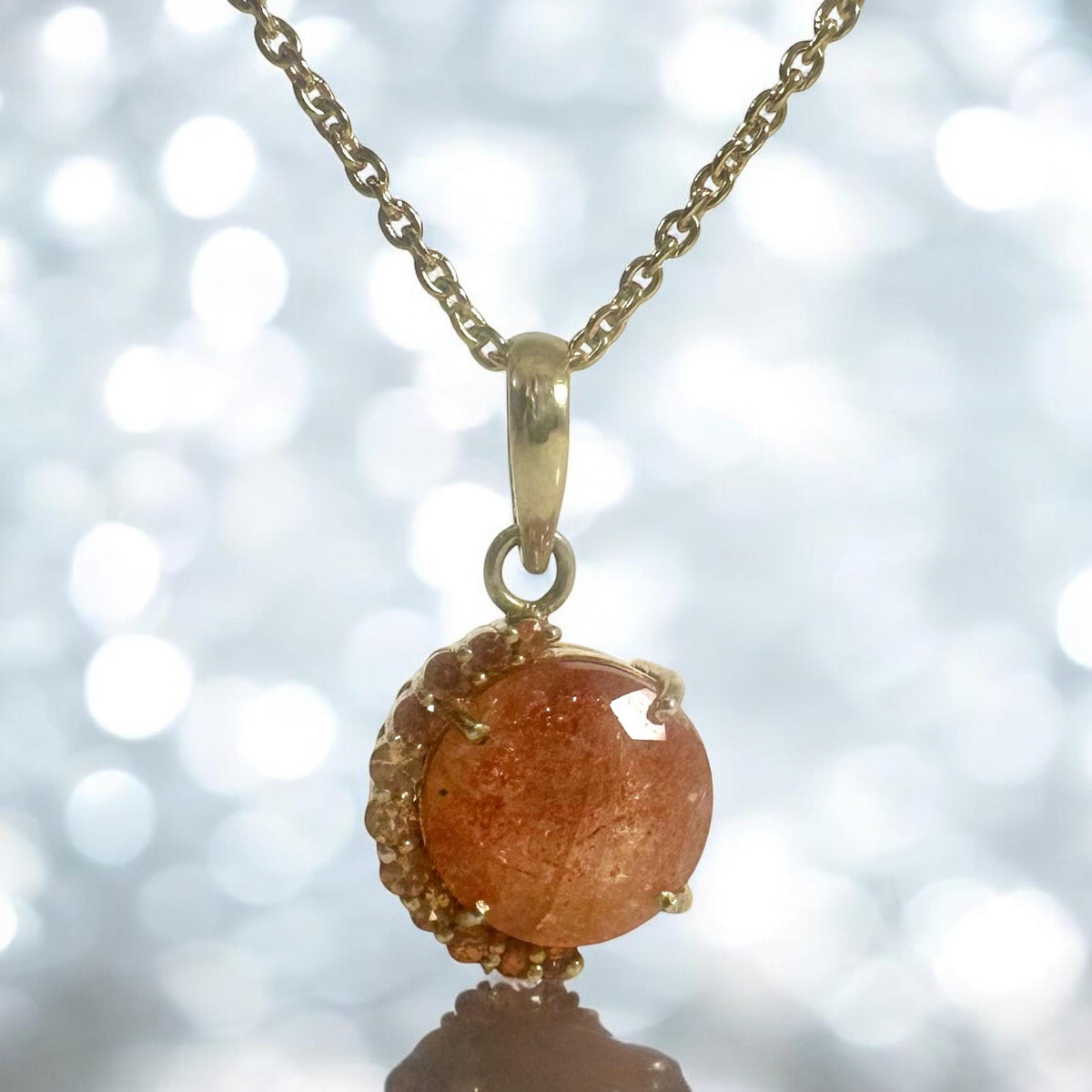 Natural Sunstone and Mandarin Garnet Pendant Gold Plated w Free Chain - Sunstone Gold Plated Pendant -Solid 925 Silver Gold Plated Pendant
