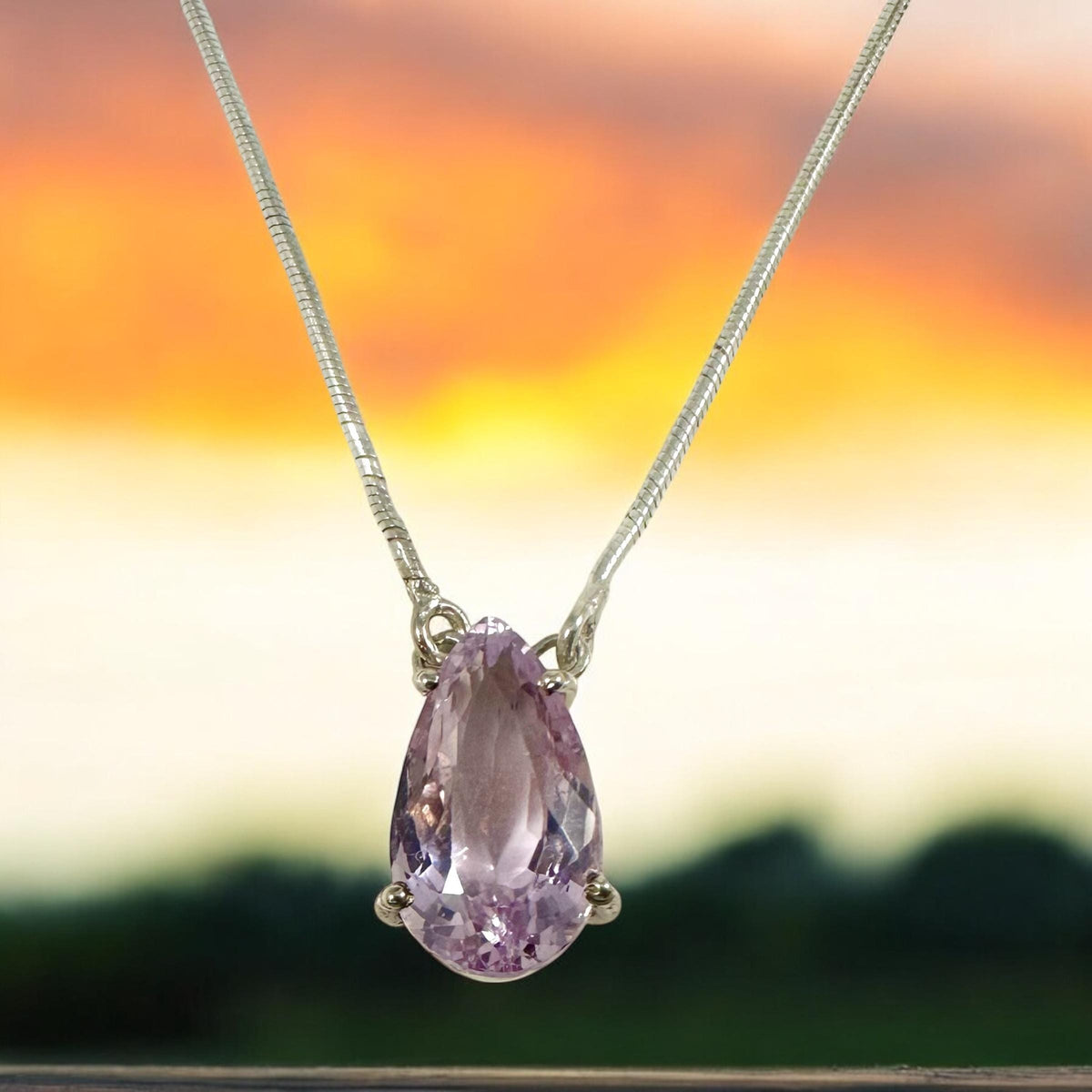 Natural Kunzite Pear-Shaped Necklace - Rare Gemstone -Light Lavender Gemstone Necklace- Solid 925 Sterling Silver Pendant - Kunzite Pendant
