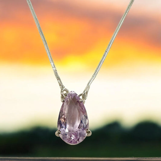 Natural Kunzite Pear-Shaped Necklace - Rare Gemstone -Light Lavender Gemstone Necklace- Solid 925 Sterling Silver Pendant - Kunzite Pendant
