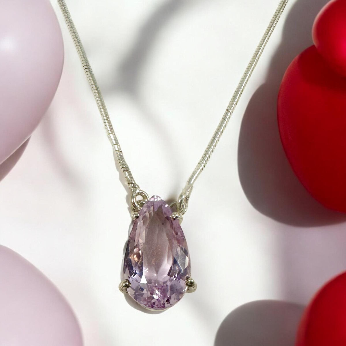 Natural Kunzite Pear-Shaped Necklace - Rare Gemstone -Light Lavender Gemstone Necklace- Solid 925 Sterling Silver Pendant - Kunzite Pendant
