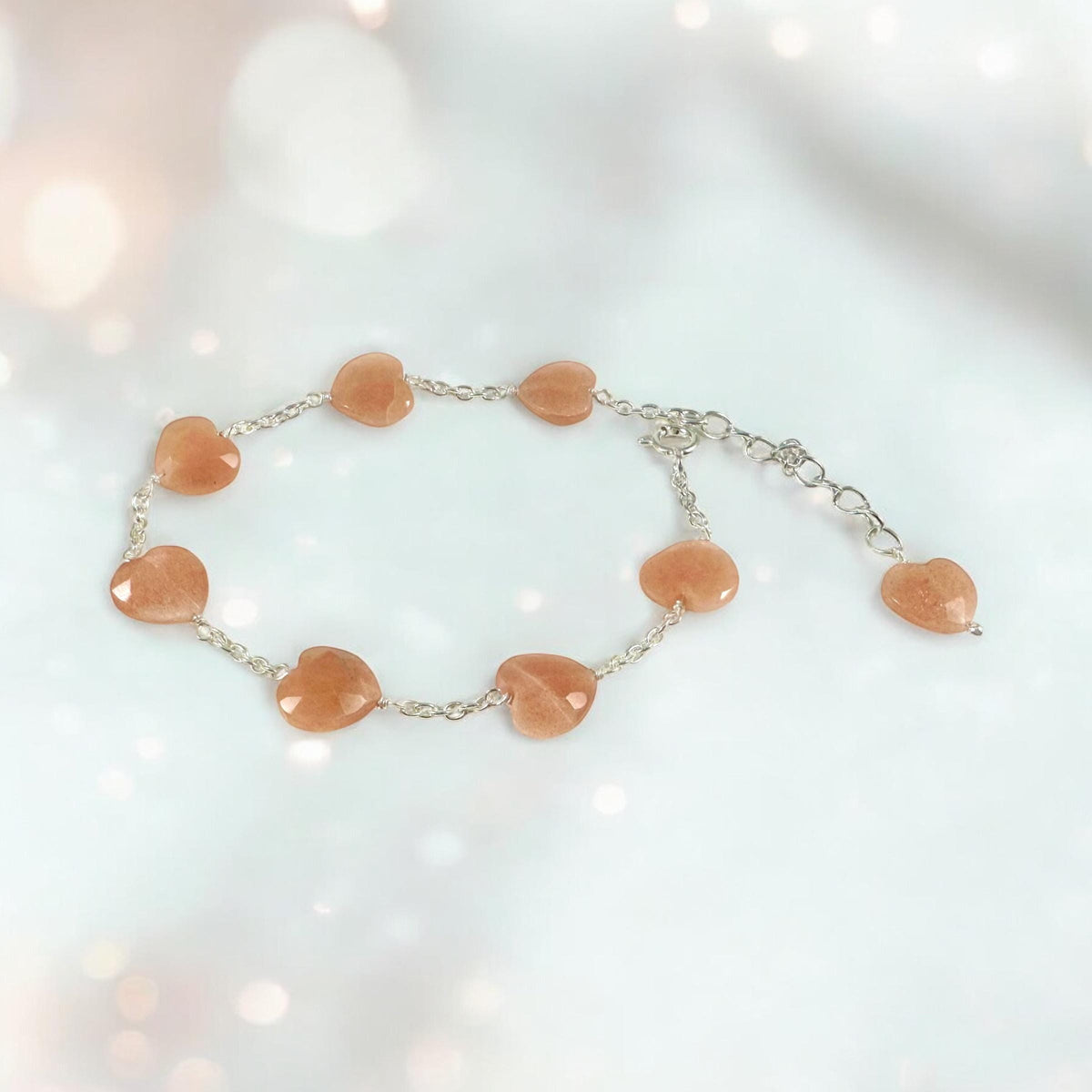 Natural Peach Moonstone Heart Bracelet - Valentines Bracelet - Gemstone Hearts Bracelet - June Birthstone - 925 Sterling Silver Bracelet