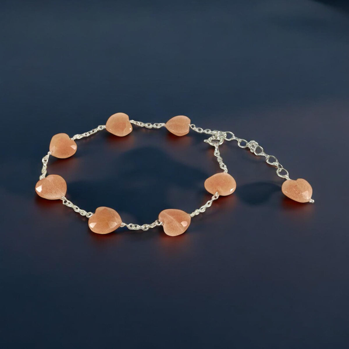 Natural Peach Moonstone Heart Bracelet - Valentines Bracelet - Gemstone Hearts Bracelet - June Birthstone - 925 Sterling Silver Bracelet