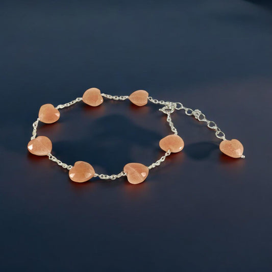 Natural Peach Moonstone Heart Bracelet - Valentines Bracelet - Gemstone Hearts Bracelet - June Birthstone - 925 Sterling Silver Bracelet