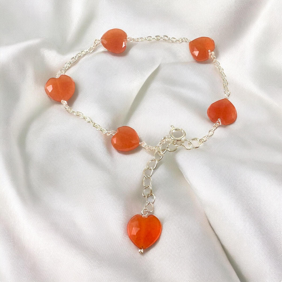 Natural Carnelian Heart Bracelet - Valentines Bracelet - August Birthstone - Gemstone Heart Bracelet - Solid 925 Sterling Silver Bracelet