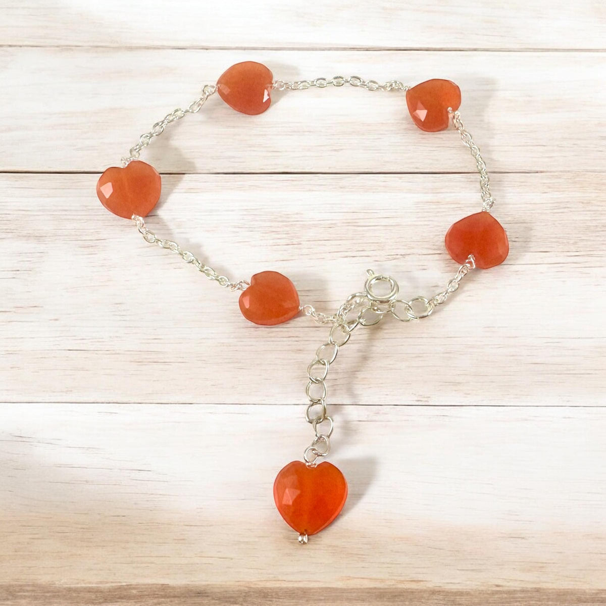 Natural Carnelian Heart Bracelet - Valentines Bracelet - August Birthstone - Gemstone Heart Bracelet - Solid 925 Sterling Silver Bracelet