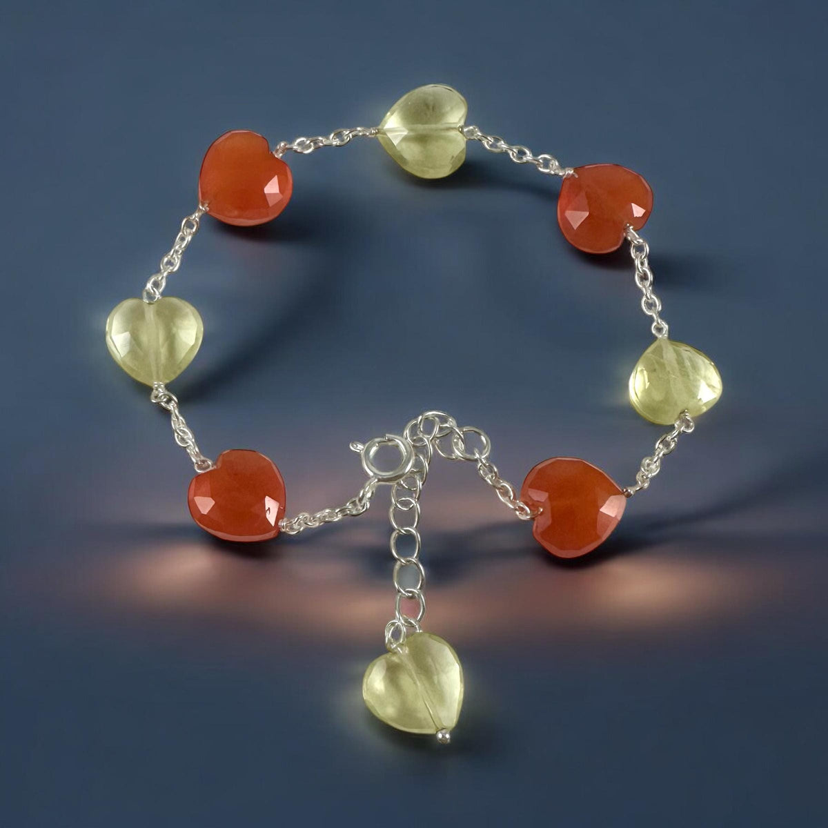 Natural Carnelian and Lemon Quartz Heart Bracelet - Valentines Bracelet - August Birthstone - Heart Bracelet - 925 Sterling Silver Bracelet