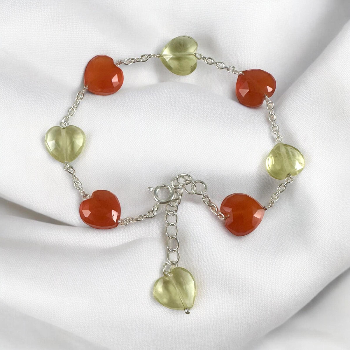 Natural Carnelian and Lemon Quartz Heart Bracelet - Valentines Bracelet - August Birthstone - Heart Bracelet - 925 Sterling Silver Bracelet