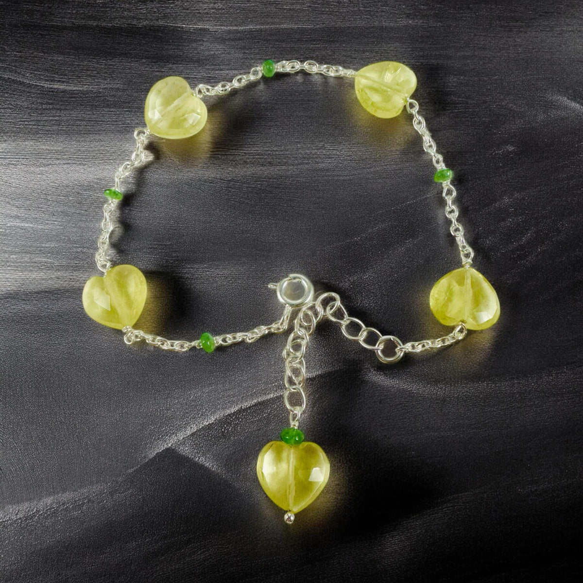 Natural Lemon Quartz Heart and Tsavorite Bracelet - Valentines Bracelet - February Birthstone - Heart Bracelet - Sterling Silver Bracelet