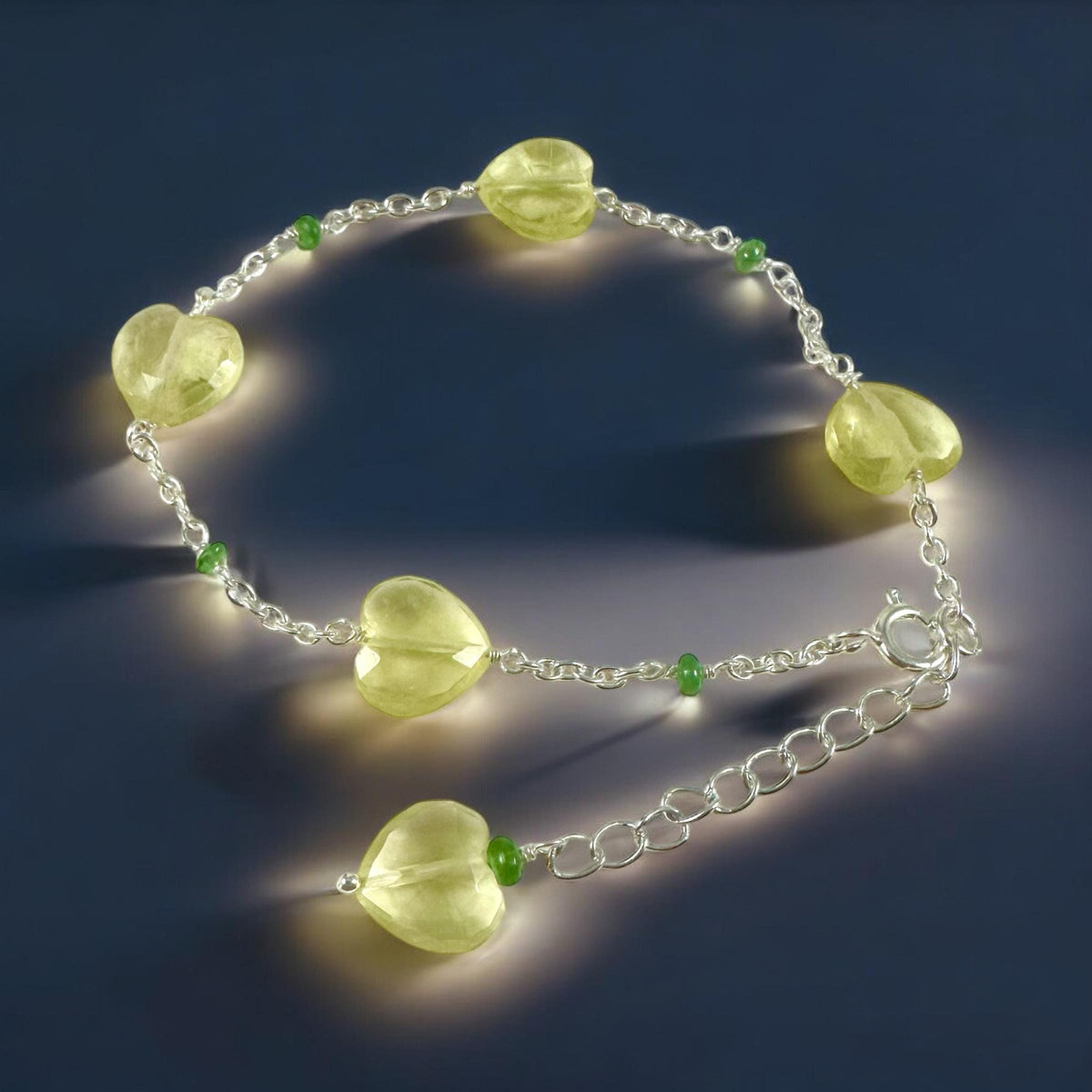 Natural Lemon Quartz Heart and Tsavorite Bracelet - Valentines Bracelet - February Birthstone - Heart Bracelet - Sterling Silver Bracelet
