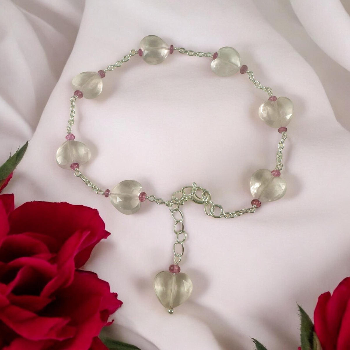 Natural Rose Quartz Heart & Pink Tourmaline Beads Bracelet - Valentines Bracelet - January Birthstone - Heart Bracelet - 925 Silver Bracelet
