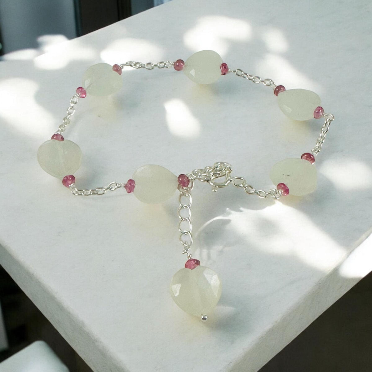 Natural Moonstone Heart & Pink Tourmaline Beads Bracelet - Valentines Bracelet - June Birthstone - Heart Bracelet - 925 Silver Bracelet