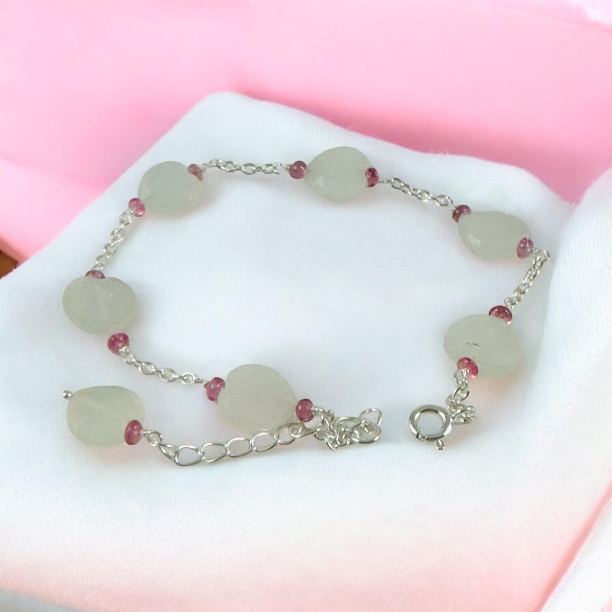 Natural Moonstone Heart & Pink Tourmaline Beads Bracelet - Valentines Bracelet - June Birthstone - Heart Bracelet - 925 Silver Bracelet