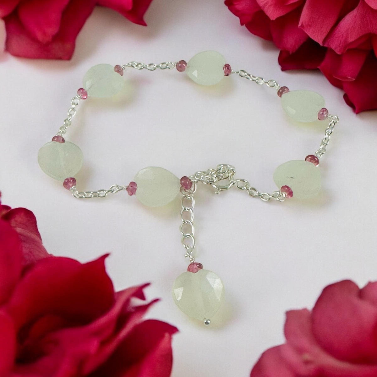 Natural Moonstone Heart & Pink Tourmaline Beads Bracelet - Valentines Bracelet - June Birthstone - Heart Bracelet - 925 Silver Bracelet